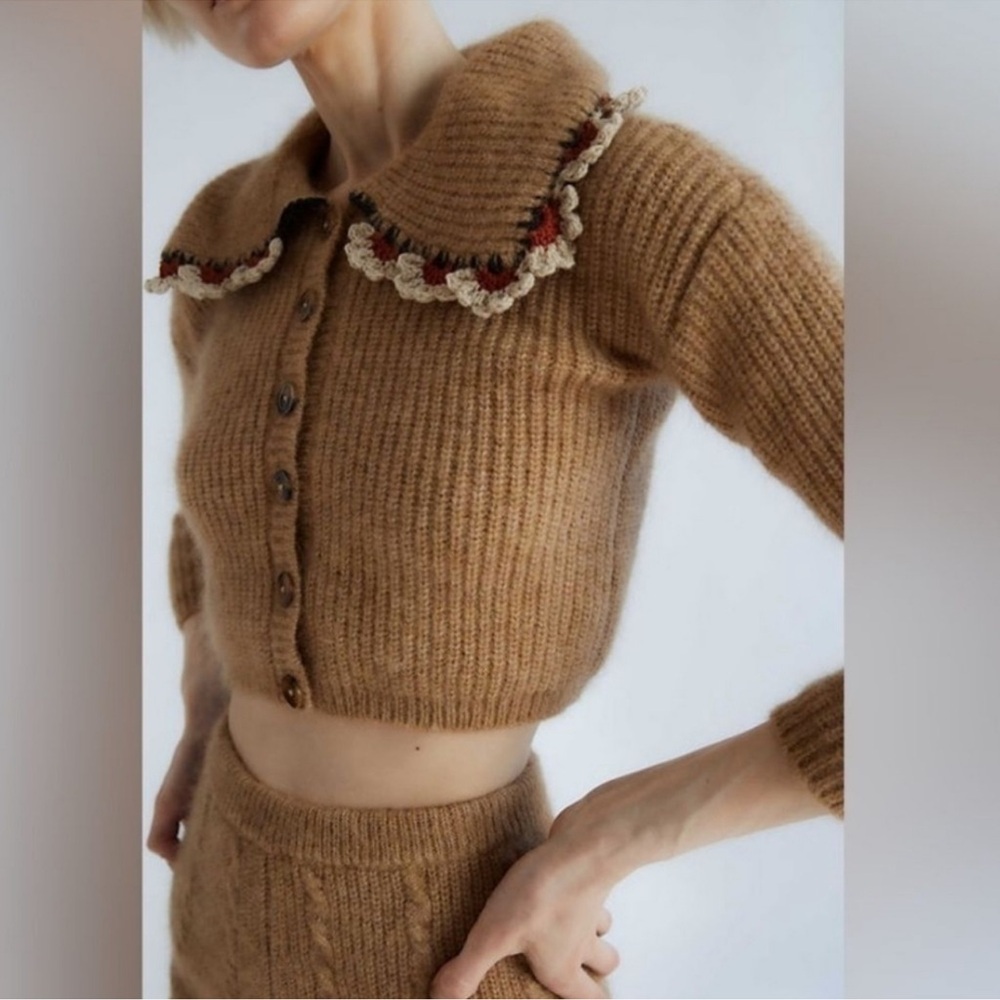 TACH Brown Cropped Cardigan with Embroidered Collar felipa USA xs
